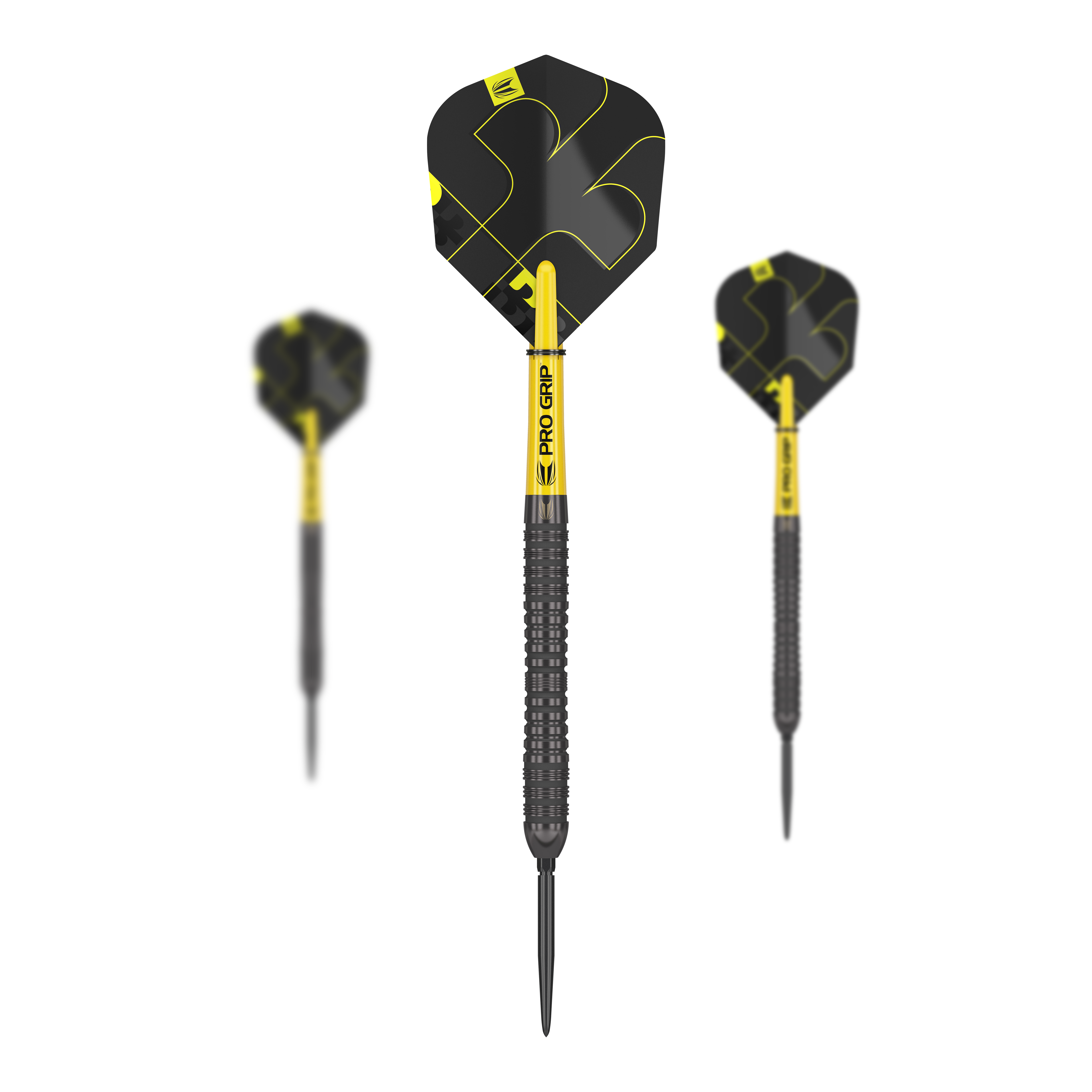 Das Bild zeigt drei Steeldarts des Modells "Target Bolide Void 04 Swiss Point". Die Darts sind schwarz-gelb und haben ein modernes, markantes Design.